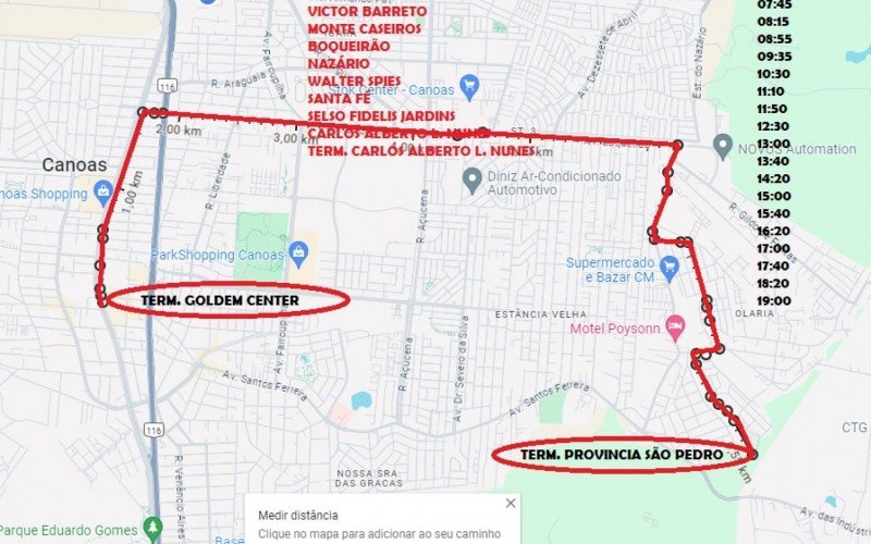 Itinerário da linha de ônibus Província de São Pedro no sentido centro/bairro
