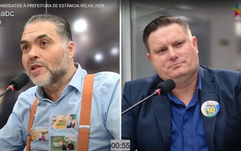 Alessandro Gil (PSB) e Marcos Tunnermann (Republicanos) no debate dos candidatos à Prefeitura de Estância Velha | abc+