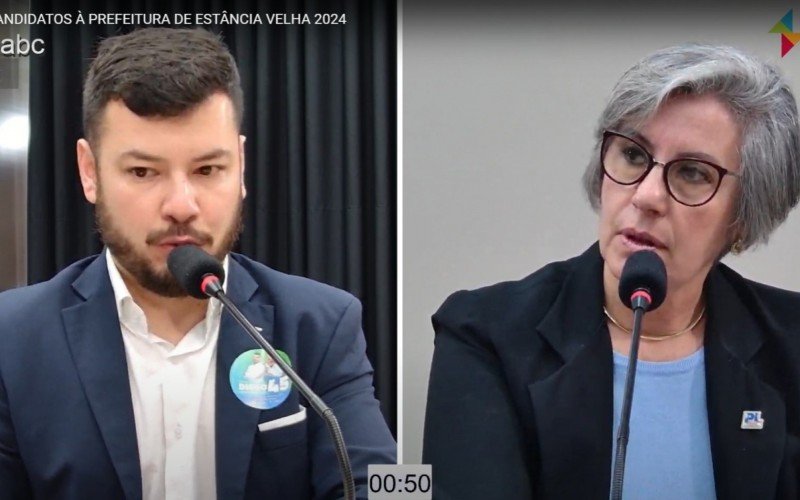 Diego Francisco (PSDB) e Dra. Maria Regina (PL) no debate dos candidatos à Prefeitura de Estância Velha | abc+