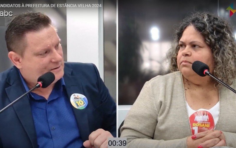 Marcos Tunnermann (Republicanos) e Rosane Nascimento (PT) no debate dos candidatos à Prefeitura de Estância Velha | abc+