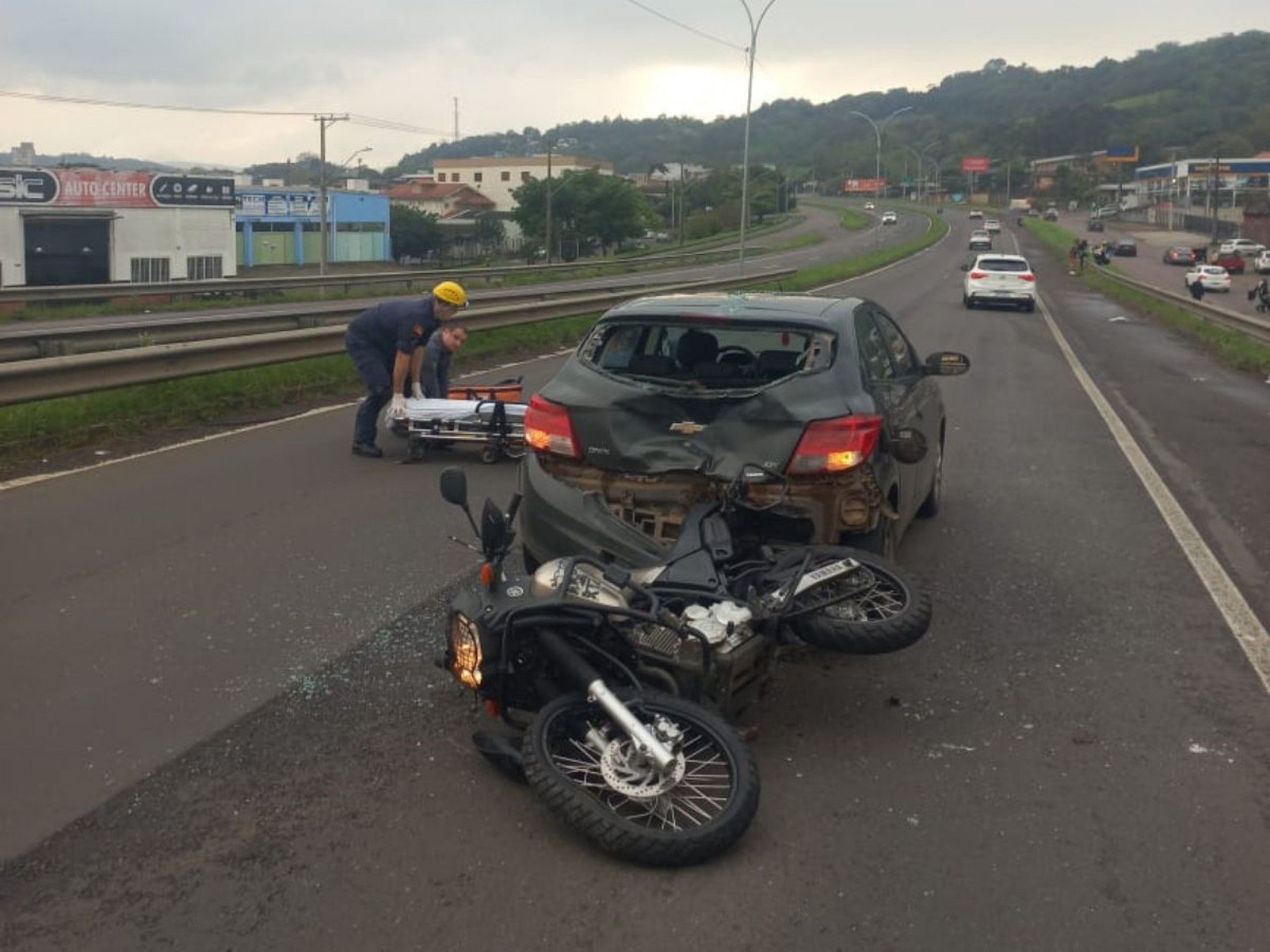 RS-239: Cachorro morre e motociclista fica ferido em acidente na rodovia