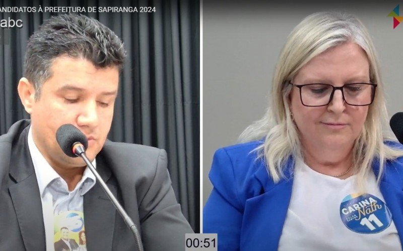 Adriano Oliveira e Carina Nath no debate dos candidatos à Prefeitura de Sapiranga | abc+