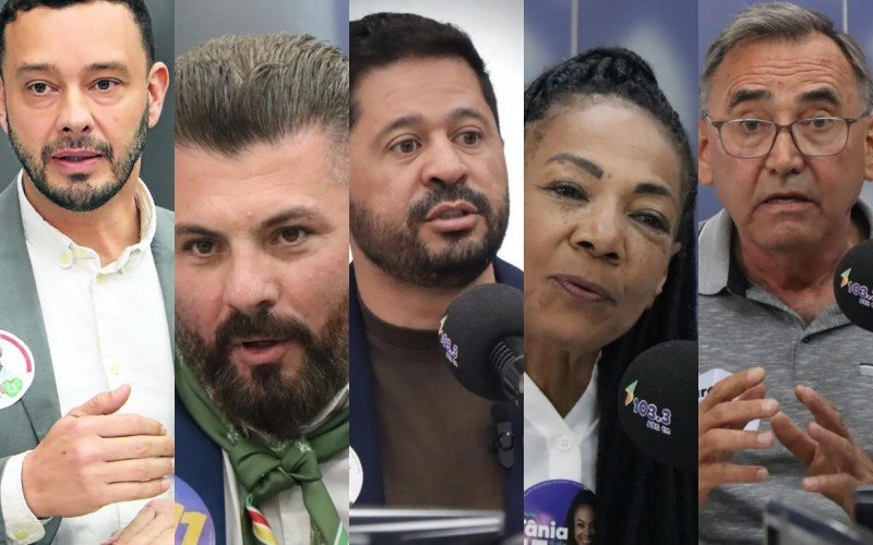 Candidatos à Prefeitura de Novo Hamburgo em ordem alfabética: Fufa Azevedo, Gustavo Finck, Raizer Ferreira, Tânia da Silva e Tarcísio Zimmermann | abc+