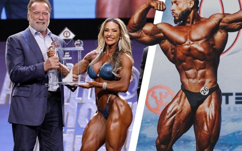 A brasileira Francielle Mattos, recebendo premiação de Arnold Schwarzenegger, e Ramon Dino são nomes importantes do País para o esporte | abc+