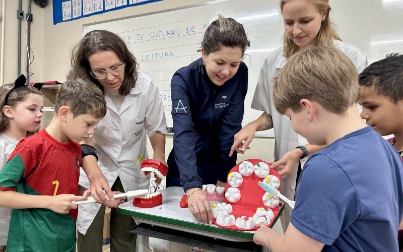 Alunos da escola Maximiliano Hahn fazem atividades sobre higiene bucal 