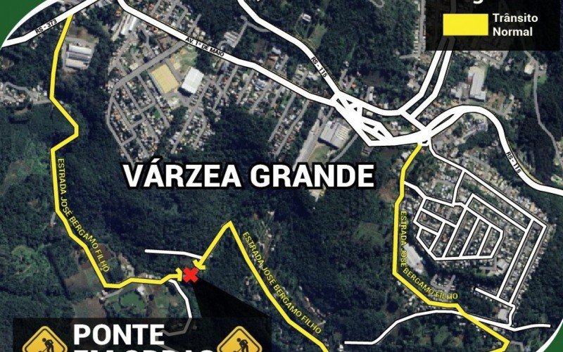 Mapa do bloqueio da Estrada José Bergamo Filho, em Gramado