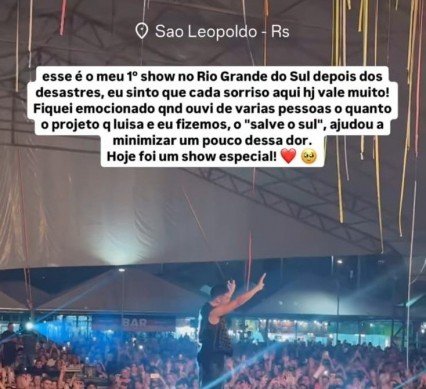 Pedro Sampaio destaca show em São Leopoldo nas redes sociais: "Fiquei emocionado"; veja