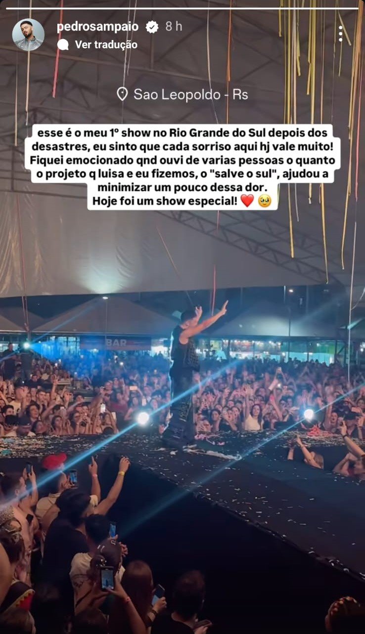 Pedro Sampaio postou story em seu Instagram falando sobre o show na São Leopoldo Fest