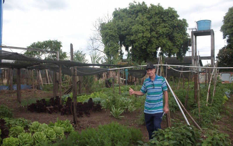 O presidente da horta comunitária Santa Isabel, Arolino Gama, indica todas as plantas que são cultivadas no terreno 