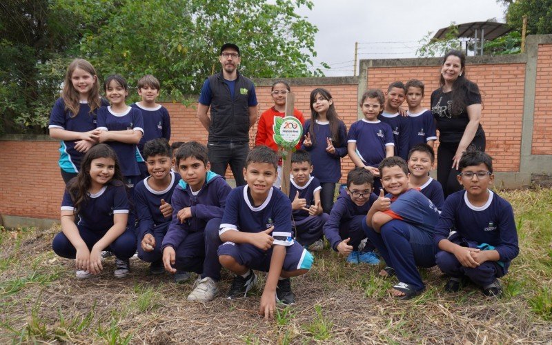 Alunos da Escola Municipal Irmão Pedro, em Canoas, presenciaram o momento do plantio no pátio da escola | abc+