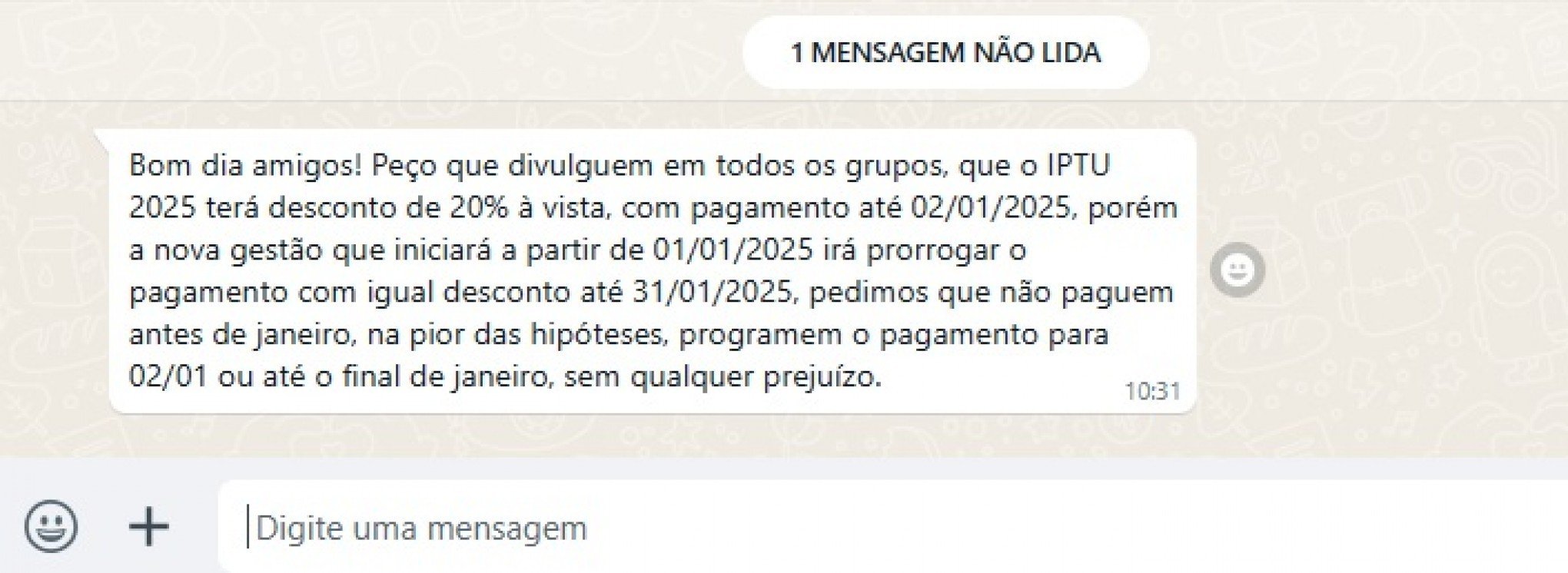 Mensagem que circula em grupos de aplicativo de mensagens detalha a protelação do desconto  | abc+