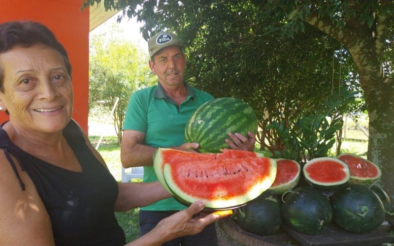 Visitantes poderão conferir a melancia sem semente, novidade que será levada pelo casal de produtores Vilmar Vicente Sarturi e Joana Salei Sarturi, ambos com 66 anos | abc+