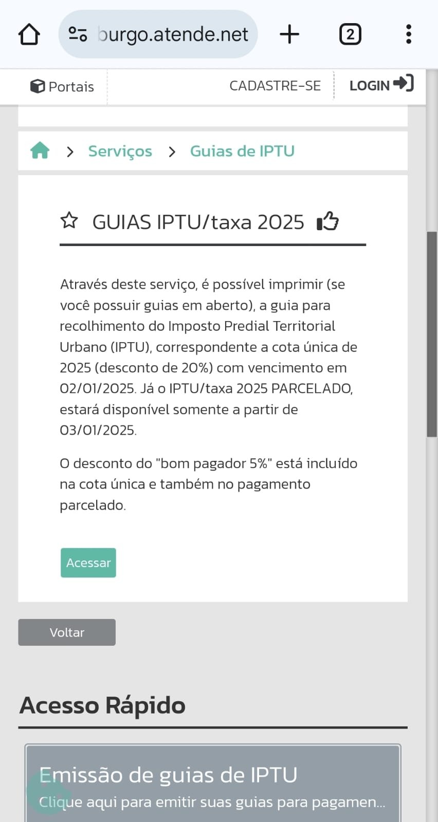4 - Depois, clique em "Acessar" e complete com CPF e Cadastro Imobiliário como indicado no guia para computador | abc+