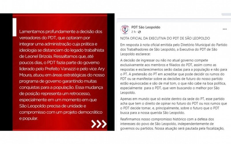 Notas de PT e PDT de São Leopoldo foram publicadas nas redes sociais