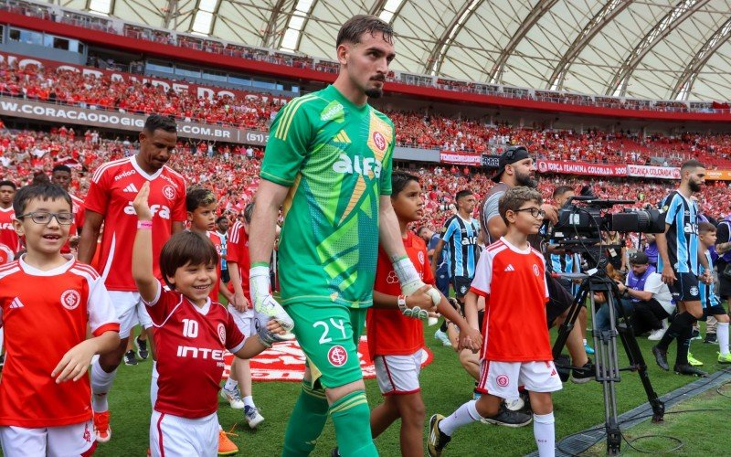 Goleiro Anthoni entrando em campo com as crianças antes do Gre-Nal 446 | abc+