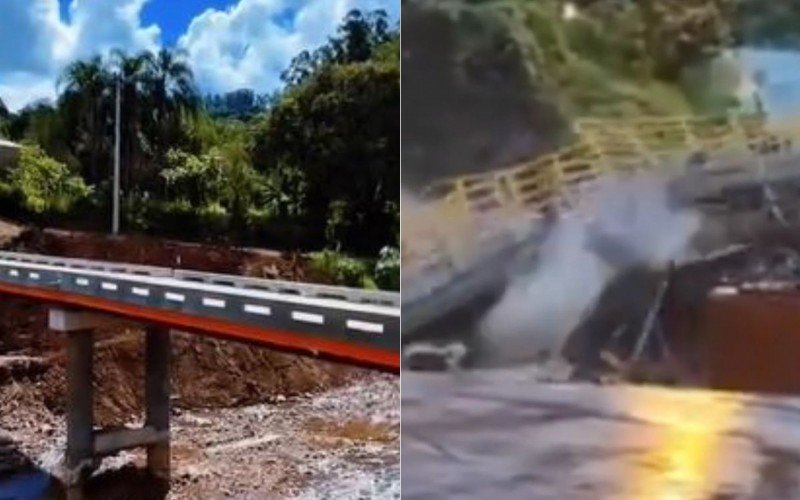 Ponte inaugurada nesta segunda-feira (17) e a levada pela enxurrada em abril de 2024 | abc+