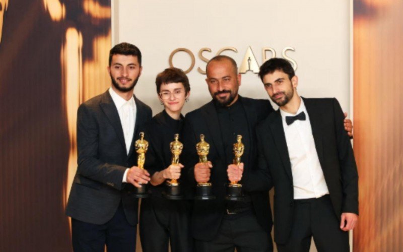 Da esquerda para a direita: Basel Adra, Rachel Szor, Hamdan Ballal e Yuval Abraham no Oscar 2025 | abc+