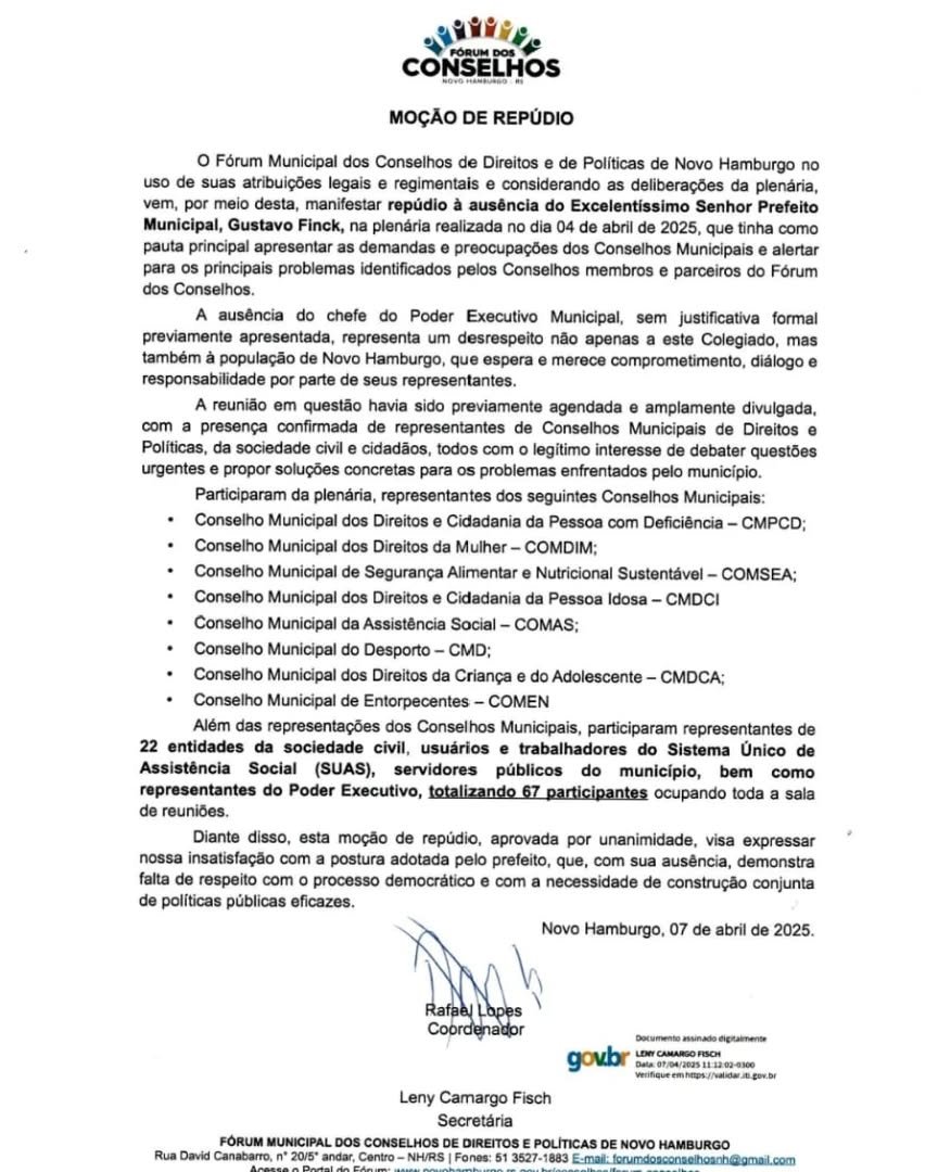 Moção de repúdio, assinada pelo coordenador da entidade, Rafael Lopes, foi divulgada nesta terça-feira (8). | abc+