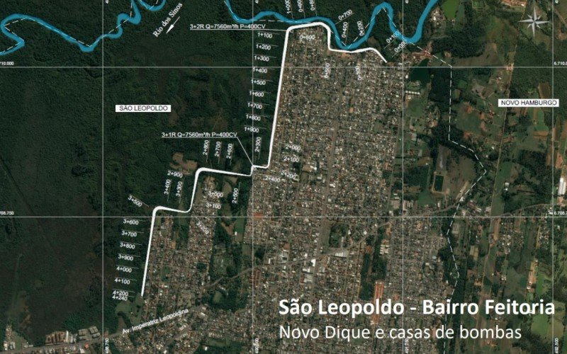Mapa contido na apresentação do deputado Miguel Rosseto mostra o local onde será construído o Dique Feitoria (traçado em branco)