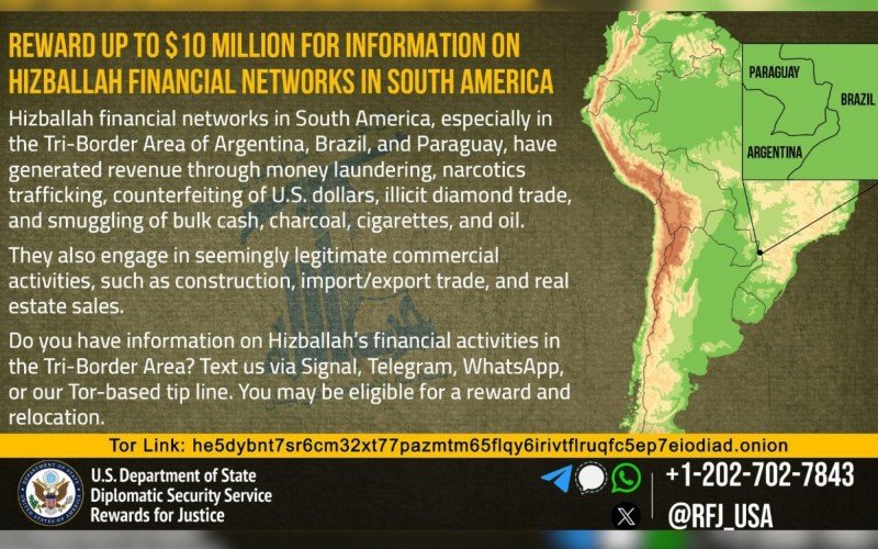 Programa Rewards for Justice (RFJ) oferece 10 milhões de dólares por informações sobre o Hezbollah na região da Tríplice Fronteira  | abc+