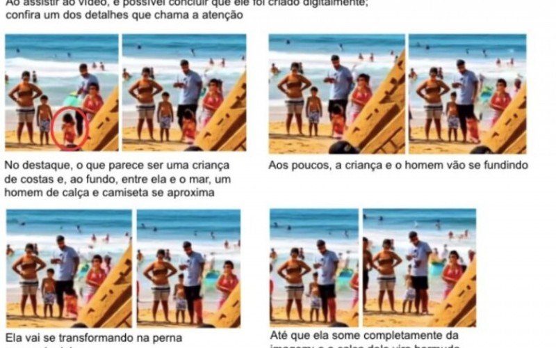 Detalhes típicos da IA, como pessoas deslizando na areia ao invés de andar, mãos em formatos incomuns e criança se fundindo à perna de um homem, comprovam que a imagem não é real | abc+