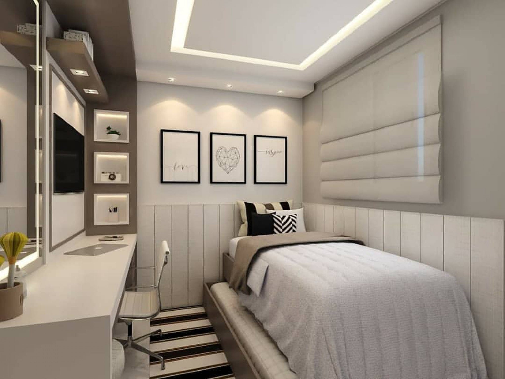 Modelo de quarto clean e com iluminação adequada | abc+