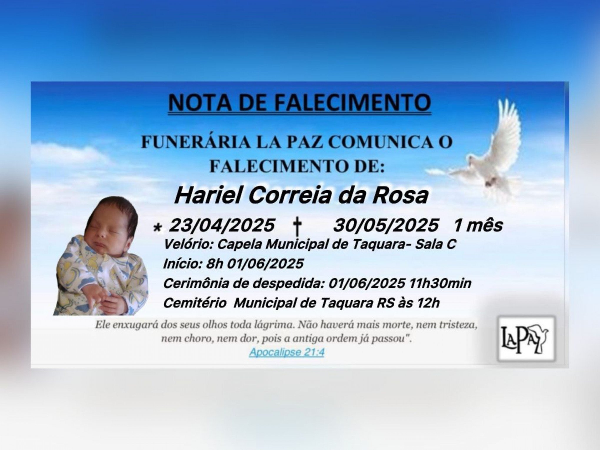 Bebê que morreu em casa é sepultado em Taquara; entenda o caso