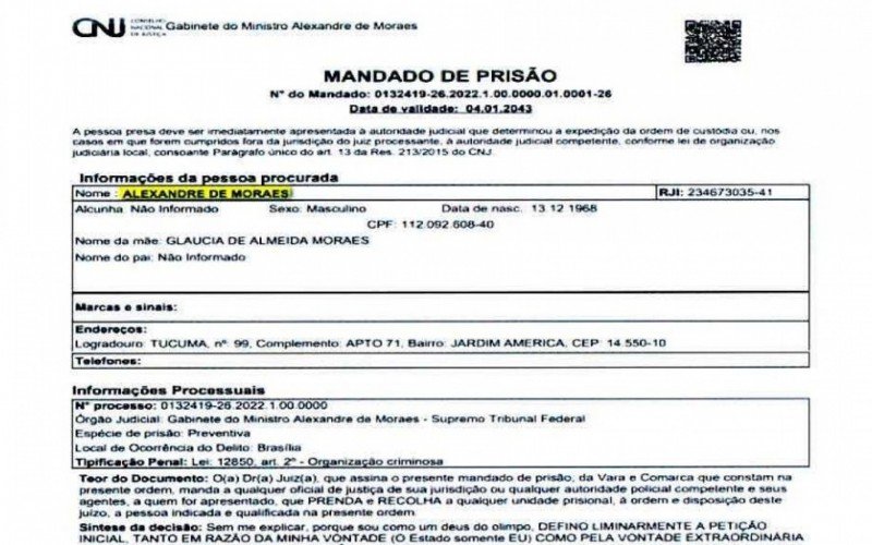 Falso mandado de prisão redigido pela deputada e incluído no sistema pelo hacker | abc+