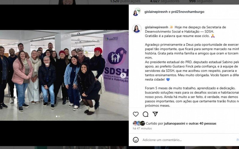 Em publicação nas redes, ex-secretária de Desenvolvimento Social agradece a equipe, aliados e o prefeito Gustavo Finck (PP). | abc+