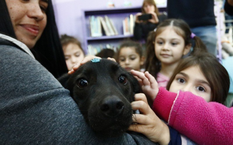 Cachorro Tadinho visitou a biblioteca e recebeu carinho das crianças
