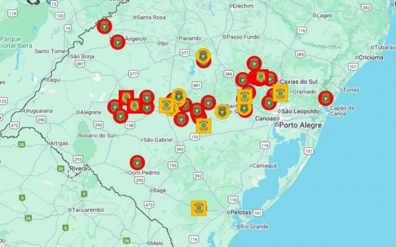 Mapa interativo mostra os pontos com bloqueios em função da chuva no RS | abc+