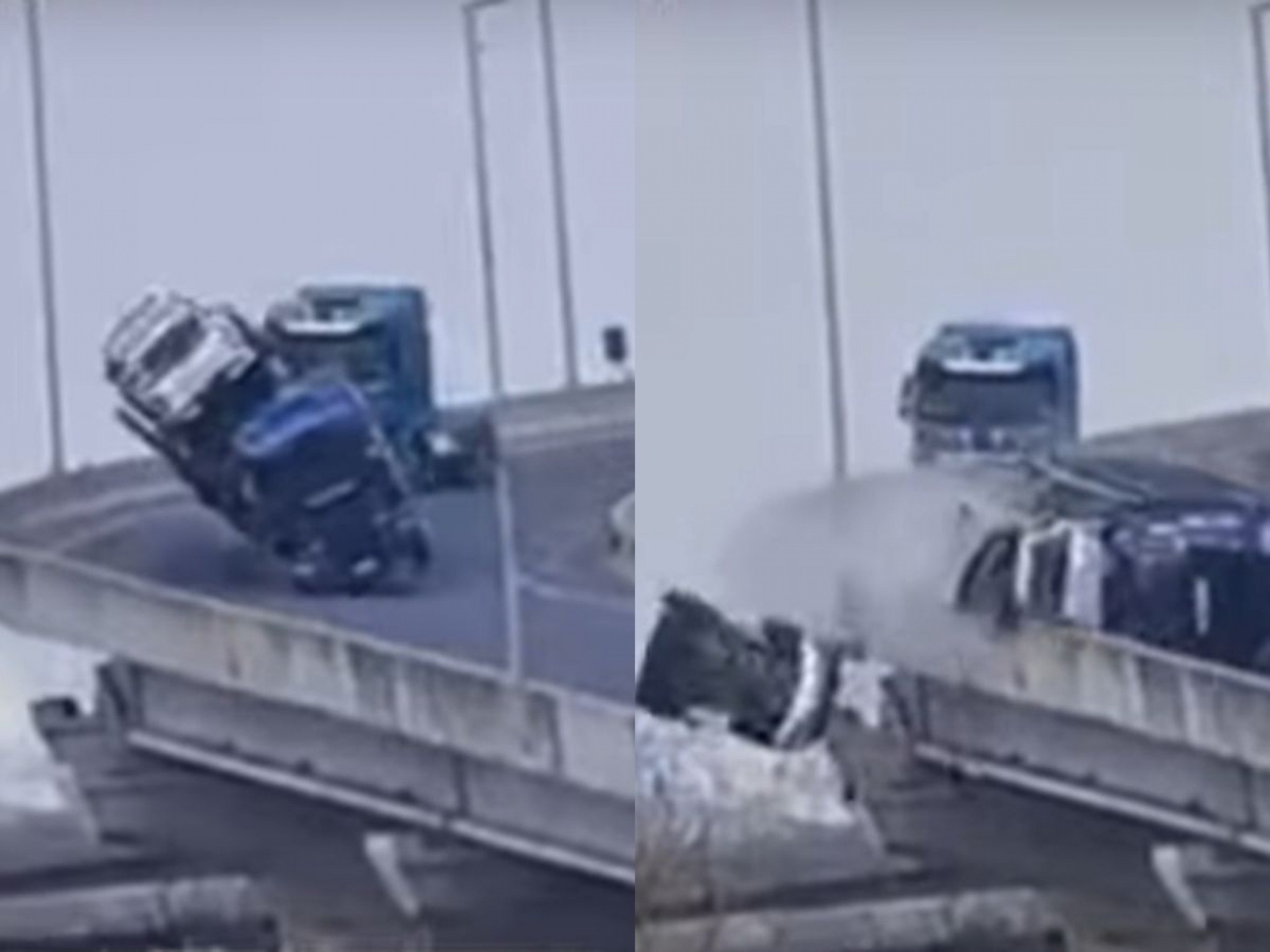 VÍDEO: Veja o momento em que carro despenca da nova ponte do Guaíba após caminhão tombar