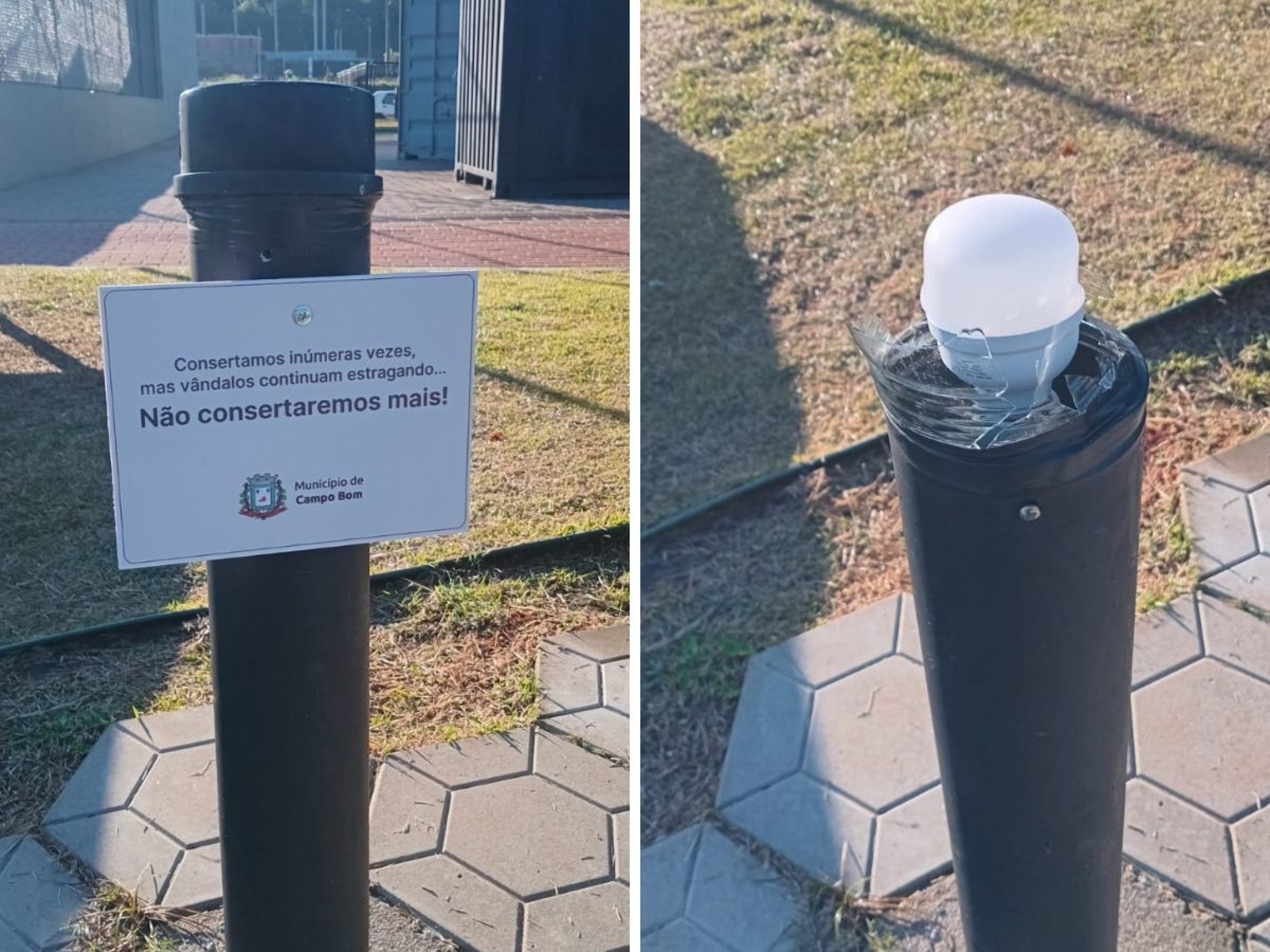 "Não consertaremos mais": Avisos são instalados após depredação de mais de 50 lâmpadas em Campo Bom