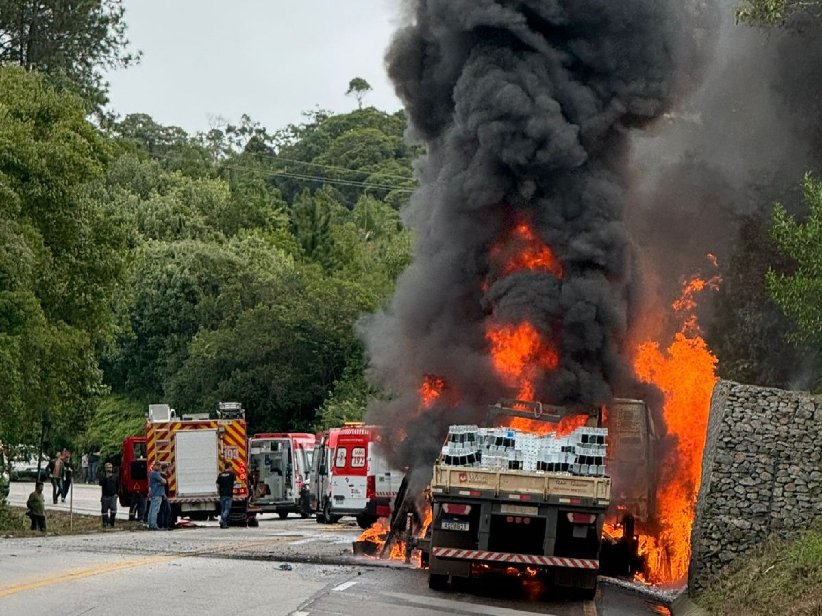 VÍDEO: Caminhão carregado com madeira pega fogo após colisão com seis veículos na BR-282; há morto e feridos