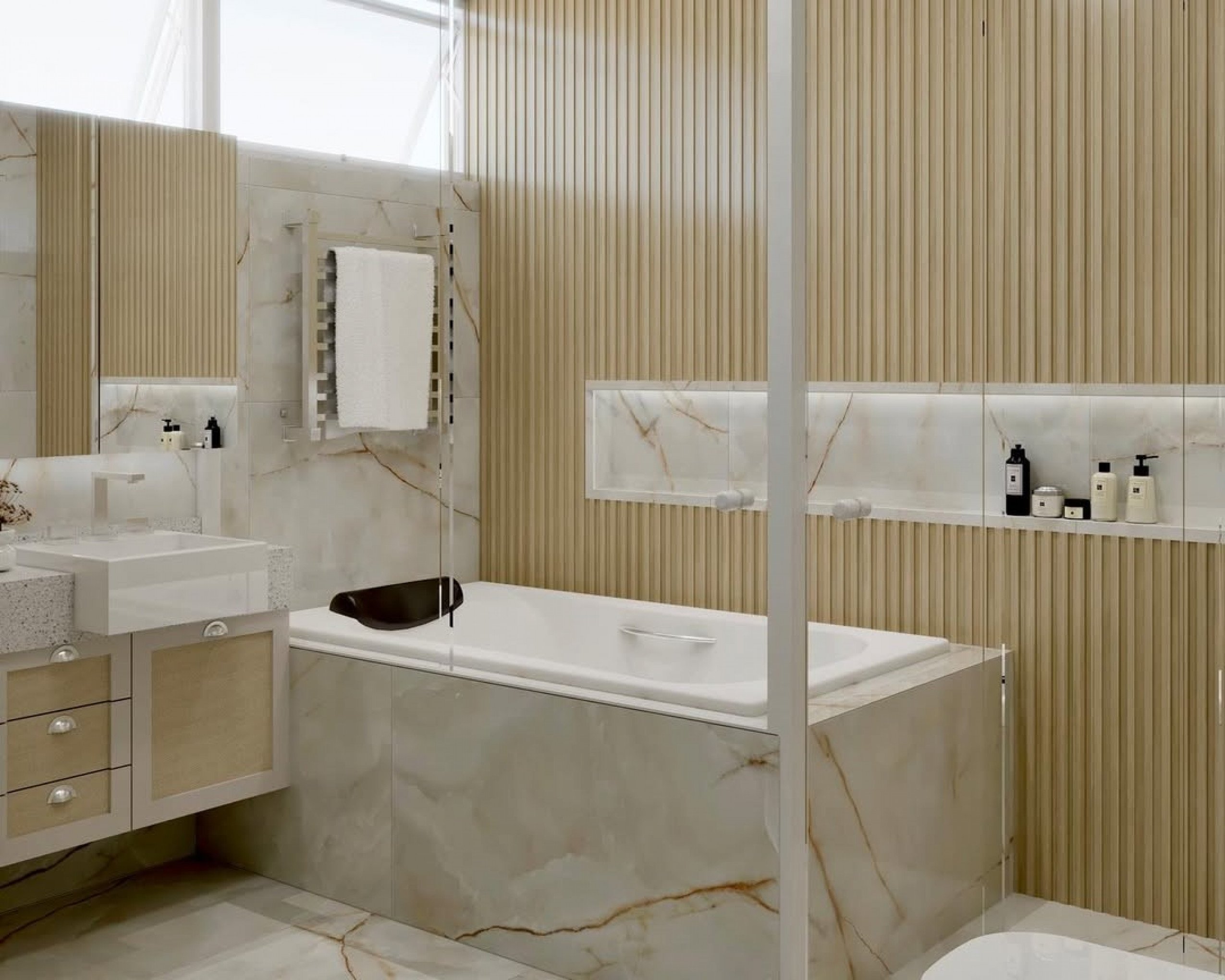 Banheiro em tons neutros com painel ripado e banheira retangular | abc+