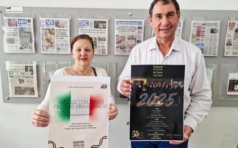 Cleuza Besckow Daneze e Ademir Luis Reichert divulgam as atrações do Coral Luizinho nesta semana no Teatro Pascoal Carlos Magno | abc+