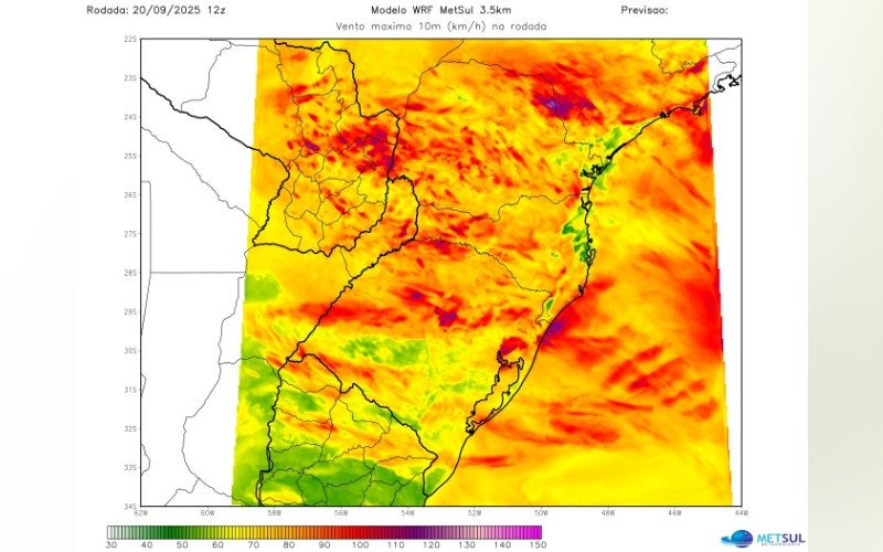 Mapa mostra o vento máximo do modelo de alta resolução WRF da MetSul, atualizado no fim da tarde de hoje | abc+
