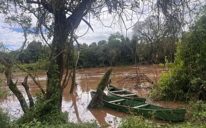 Rio Caí, em Sebastião do Caí, próximo da cota de inundação no início da tarde desta segunda-feira (22)