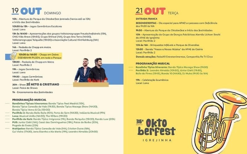 Programação da 36ª Oktoberfest de Igrejinha para os dias 19 e 21 de outubro