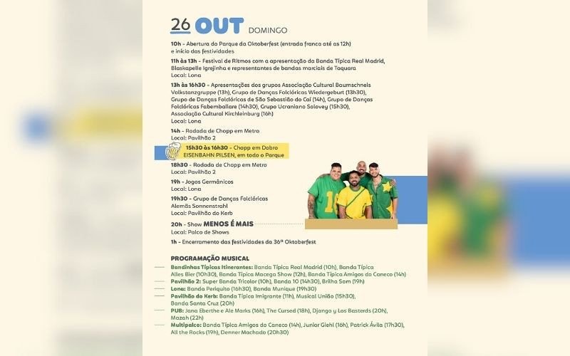 Programação da 36ª Oktoberfest de Igrejinha para o dia 26 de outubro