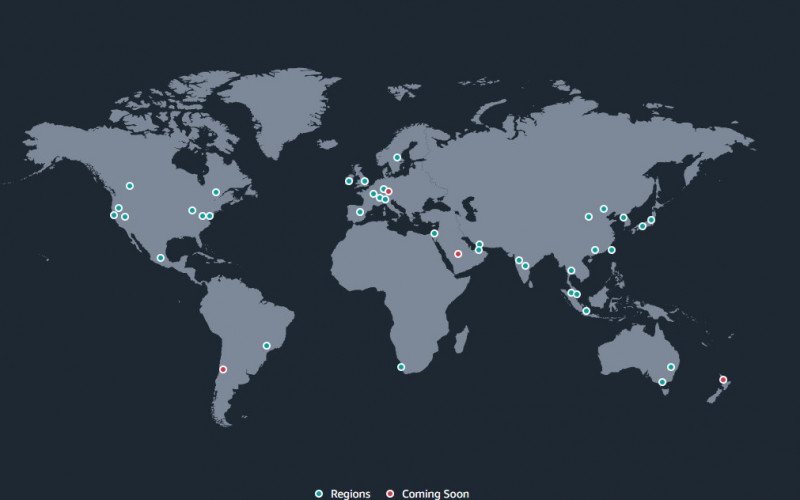 Na imagem, países onde há aplicativos e sites que usam AWS em verde e, em vermelho, onde haverá acesso em breve | abc+
