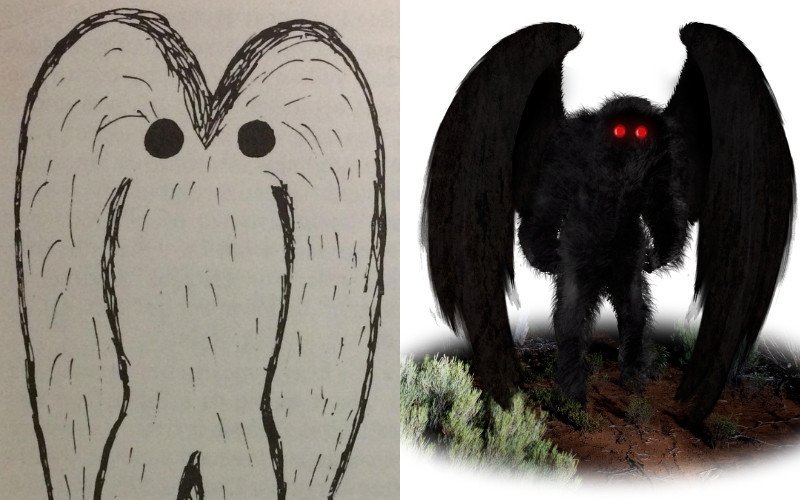 Desenho feito por uma das testemunhas do Mothman nos anos 1960 e o desenhado mais tarde | abc+