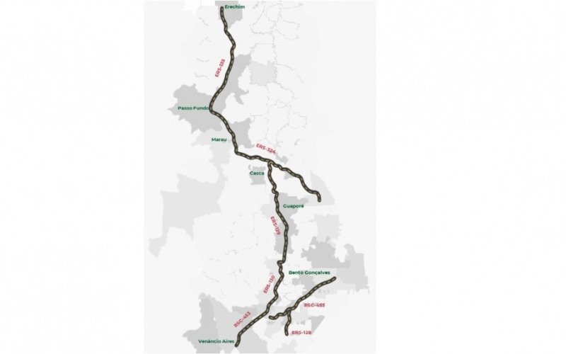 Mapa do Bloco 2 de concessões de rodovias envolvendo o Vale do Taquari e a região norte do Estado  | abc+