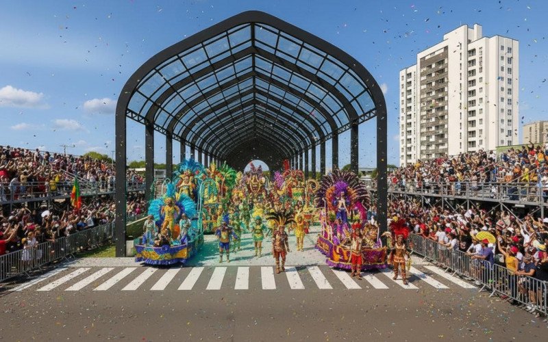 Projeto da Rua Coberta ficará no local onde é realizado o desfile de Carnaval. Ilustração de como pode ficar o evento com nova estrutura | abc+