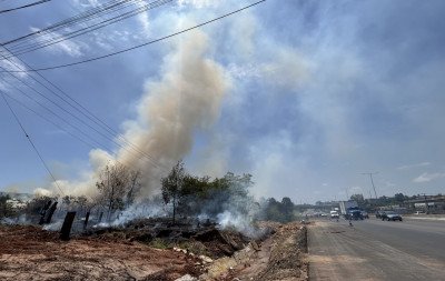 Incêndio atinge área de vegetação às margens da BR-116 e provoca densa coluna de fumaça entre Novo Hamburgo e São Leopoldo