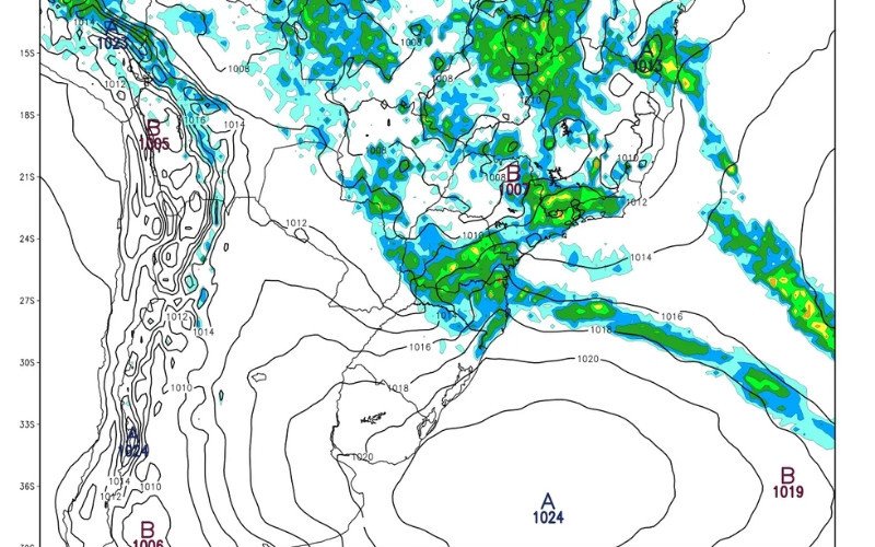 Na imagem em destaque, um modelo europeu está projetando instabilidade para tarde e noite no Norte do RS, além de SC, PR, centro-oeste e sudeste do Brasil | abc+