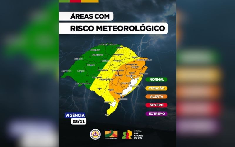 Mapa aponta áreas com risco meteorológico no Rio Grande do Sul