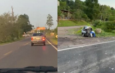 IMAGENS FORTES: Grave acidente entre caminhão e carro deixa uma pessoa morta e outra presa às ferragens na RS-239