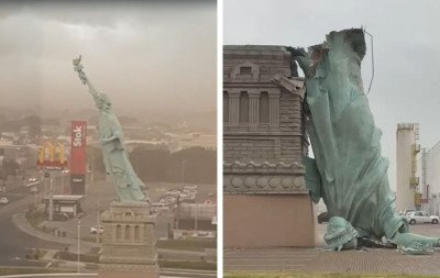VÍDEO: Rajadas de vento derrubam estátua da Havan durante alerta vermelho da Defesa Civil na região