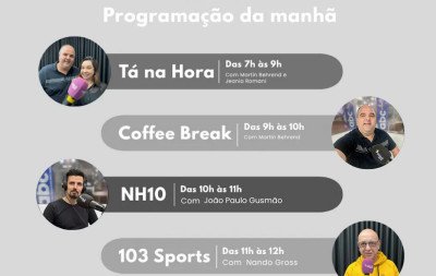 AO VIVO: Assista aos programas Tá na Hora, Coffee Break, NH10 e 103 Sports desta quarta-feira, dia 21